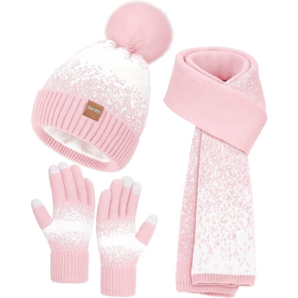 Women's Pink White Winter Beanie Hat Scarf Gloves Set Pom Warm Christmas Gift